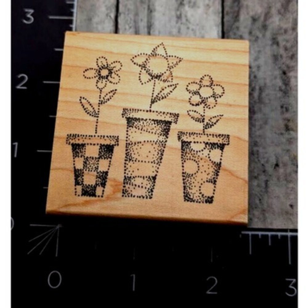 Stampendous Potted Dots Plants Flowers F130 2005 Rubber Stamp Wood #i63
